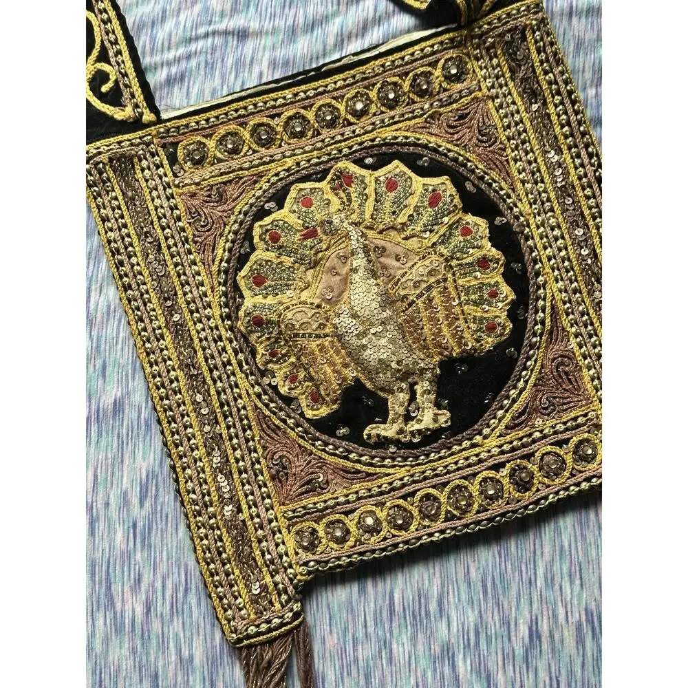 VTG 1970s Handmade Sequin & Beaded Thai Burmese Tapestry Hobo Peacock Kalaga Bag